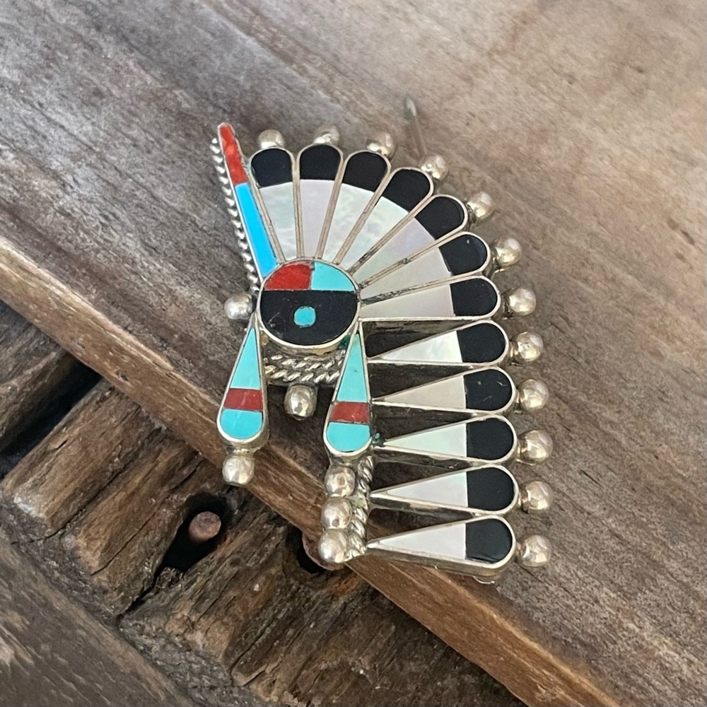 Vintage Zuni Inlay Pendant Pin Headress Sun Face Native American